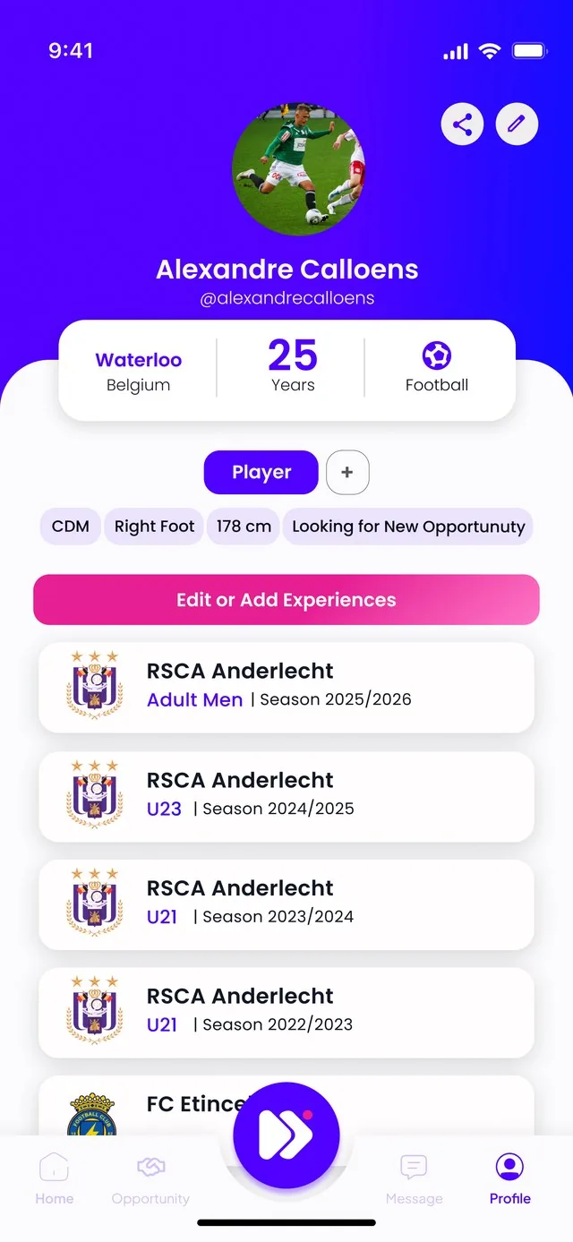 ملف لاعب في تطبيق Fiftee
